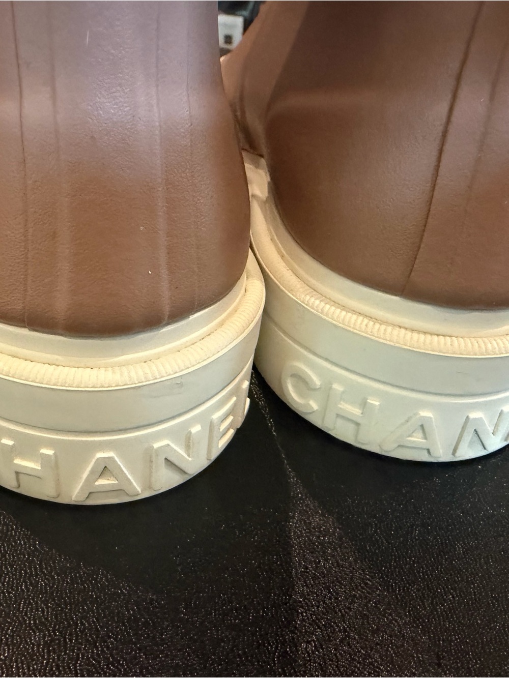 CHANEL Pink Beige Rain Boots with White Trim and Logo - Picture 3 of 4
